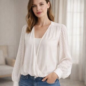 White House Black Market White Flowy Blouse Pom Trim Lightweight Top Sz 4